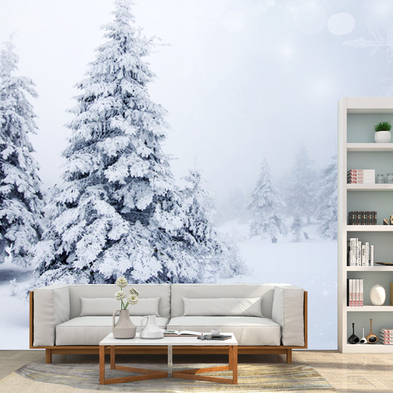 Whole Foggy Winter Landscape Mural Modern Stunning Snowy Cypress Wall Decor in White