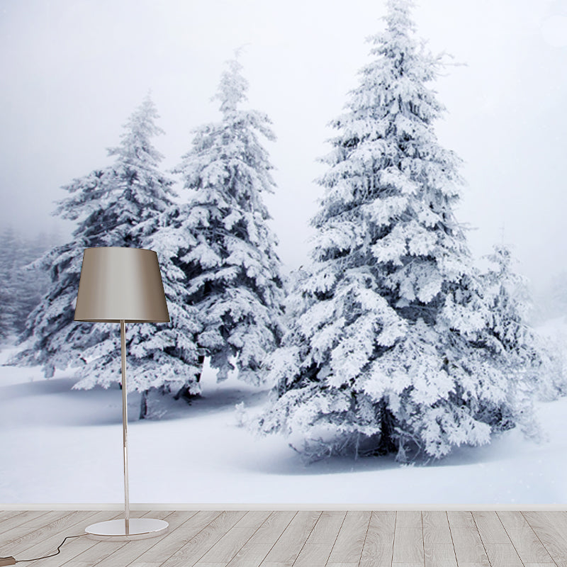 Whole Foggy Winter Landscape Mural Modern Stunning Snowy Cypress Wall Decor in White
