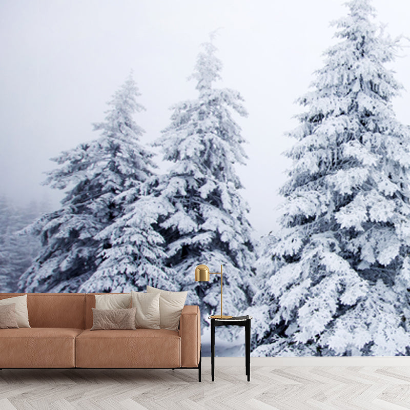 Whole Foggy Winter Landscape Mural Modern Stunning Snowy Cypress Wall Decor in White