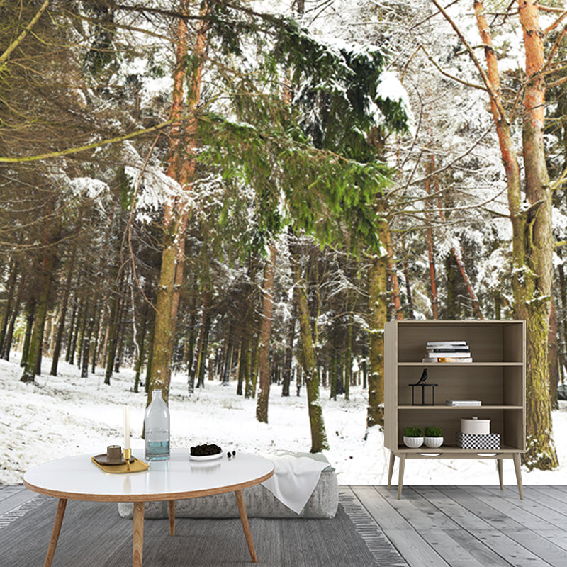 Non-Woven Washable Mural Modern Style Scenery Among the Snowy Forest Wall Decor in Green