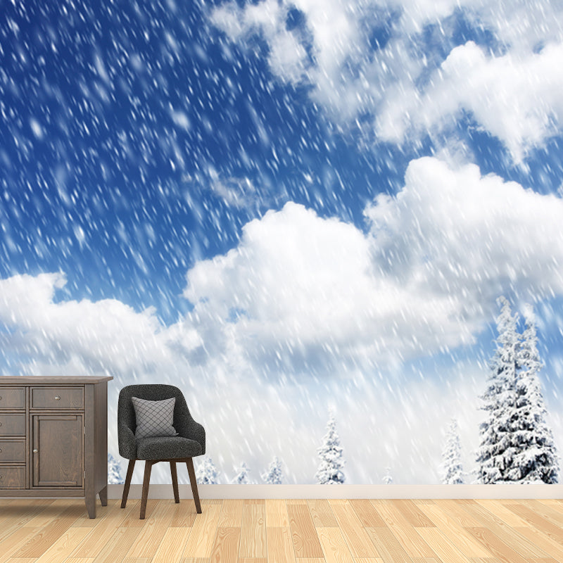 Large Snowing at Cypress Mural Stain-Resistant Modern Living Room Wall Covering, Blue