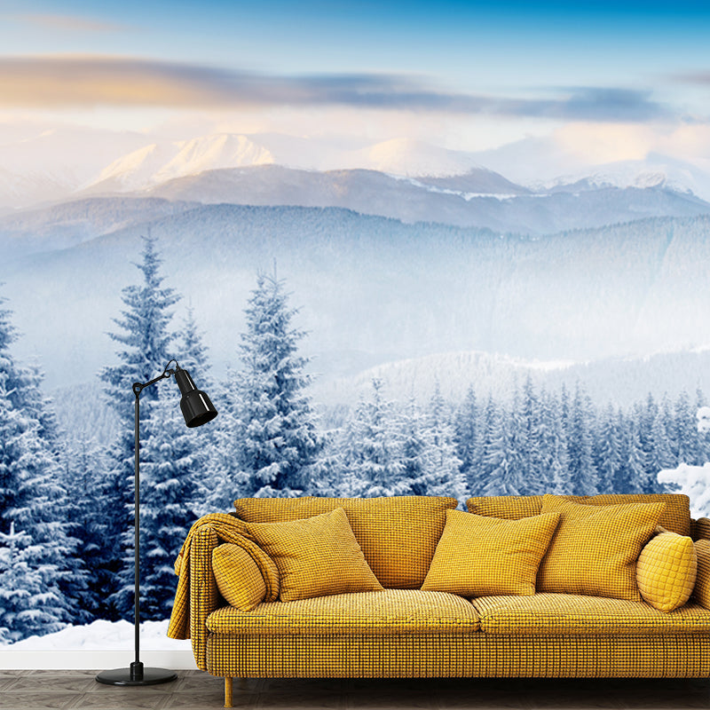 White Snow Scenery Mural Wallpaper Cypress with Rime Modern Washable Wall Covering