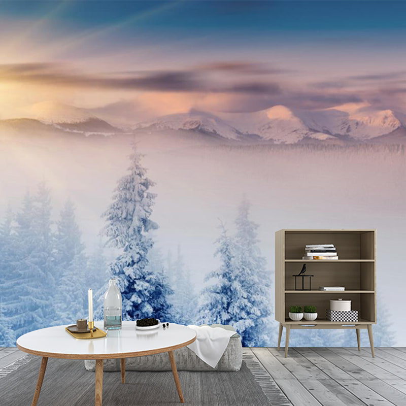 Modern Sunrise Snowy Cypress Mural Non-Woven Moisture Resistant Blue Wall Decor for Bedroom