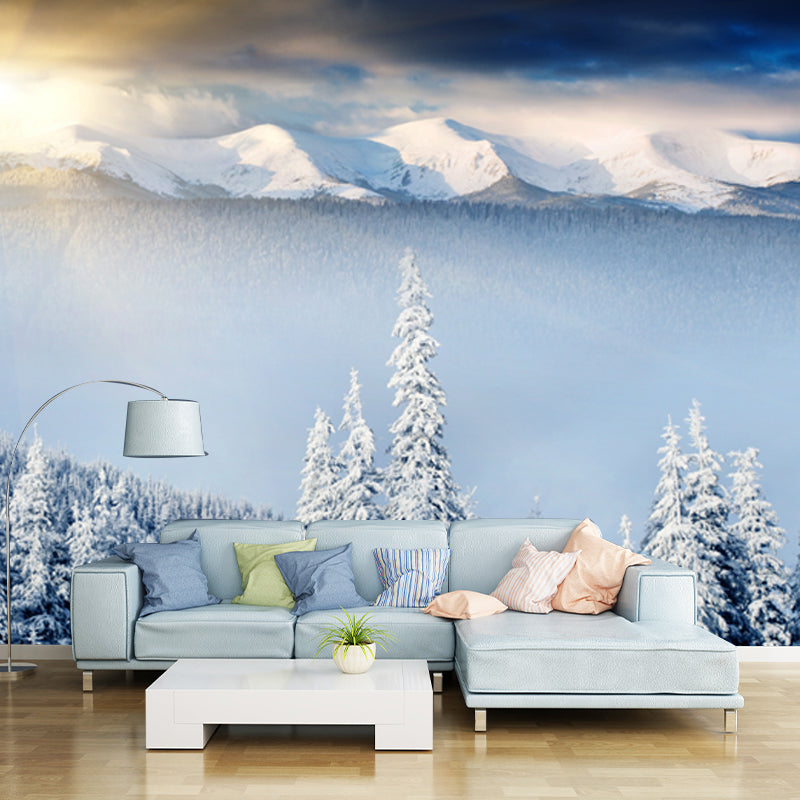 Morning Snowy Landscape Wall Mural Decal White Contemporary Wall Art for Bedroom