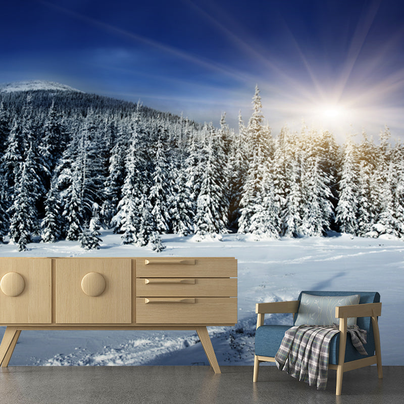 Big Sunburst Winter Forest Mural Blue Non-Woven Fabric Wall Covering, Waterproof, Made to Measure