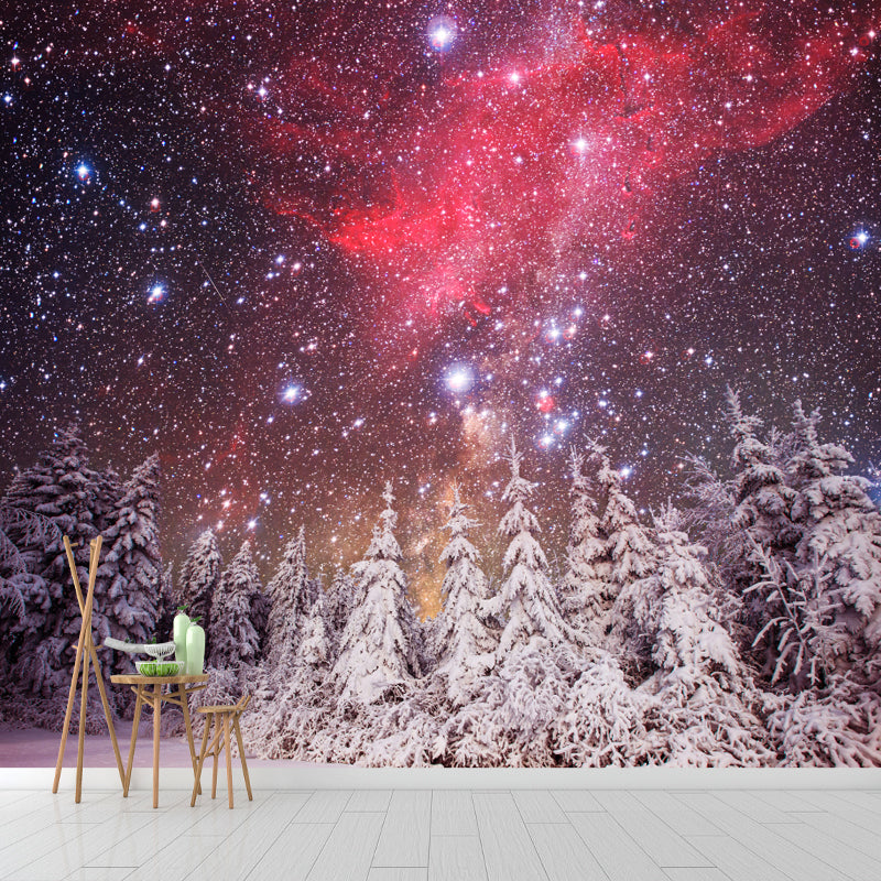 Magic Cypress Starry Night Mural Living Room Snowing Scenery Wall Decor, Custom Printed