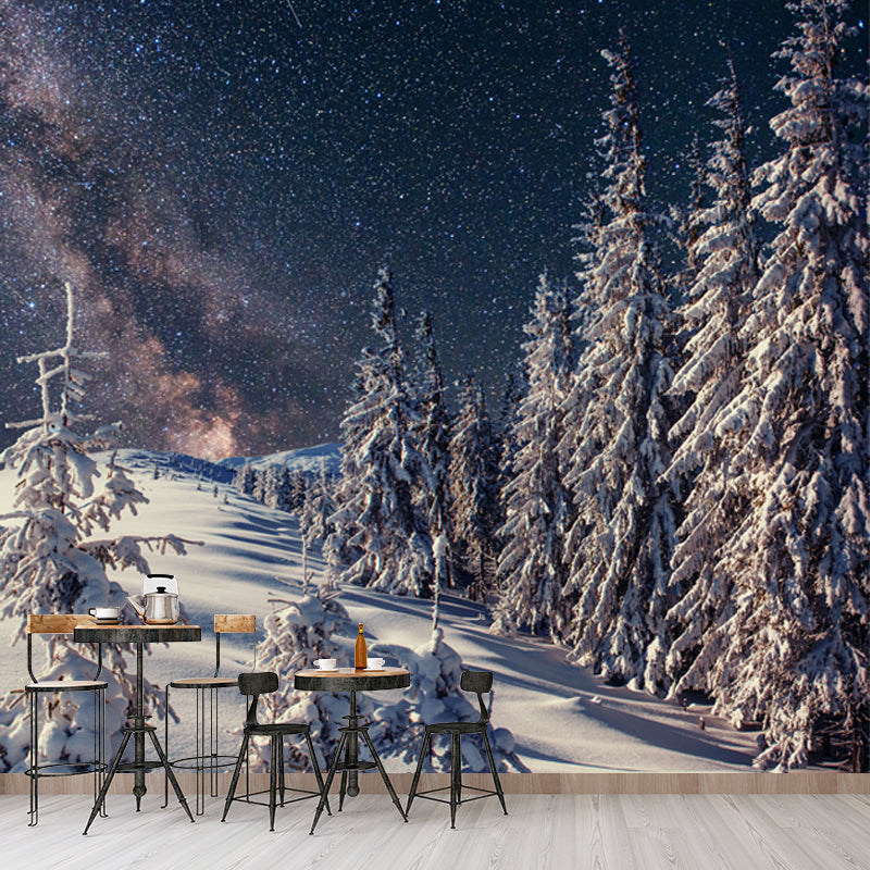 Nordic Milky Way Wallpaper Mural Grey Snowy Cypress Landscape Wall Decor for Home