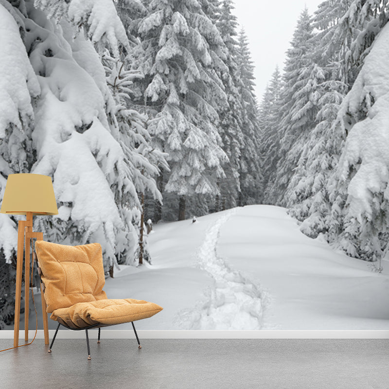 Smooth Whole White Mural Modern Road Across Snowy Cypress Wall Covering, Custom Size