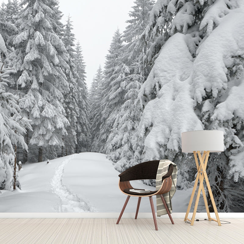 Smooth Whole White Mural Modern Road Across Snowy Cypress Wall Covering, Custom Size