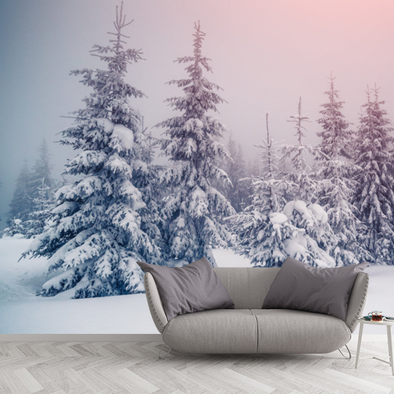 Pink Sky Snow Cypress Mural Wallpaper Washable Contemporary Bedroom Wall Art, Non-Woven