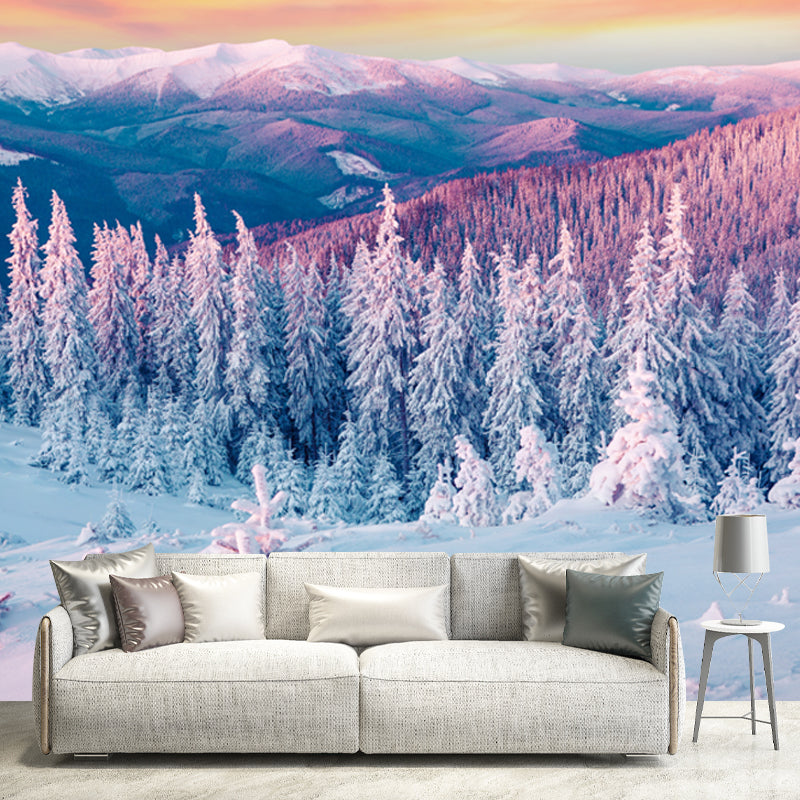 Orange Evening Glow Wall Mural Snowy Cypress Mountains Modern Waterproof Wall Covering