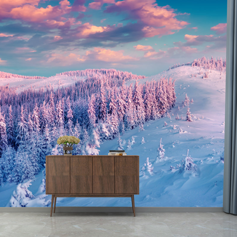 Modern Sundown Snow Landscape Mural Blue-Purple Moisture Resistant Wall Decor for Home