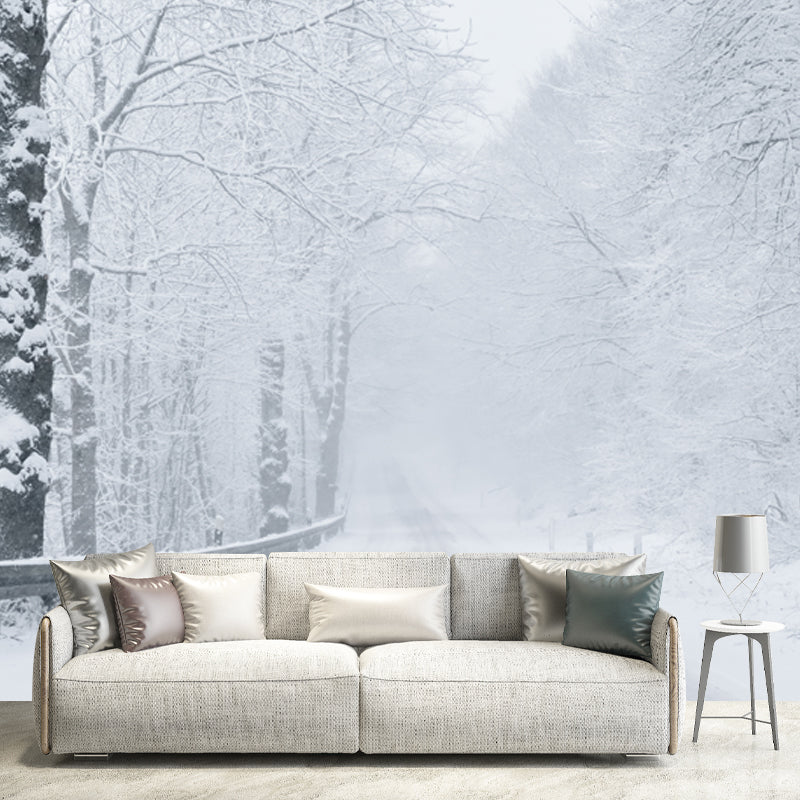 Misty Winter Roadside Forest Mural in White Modernism Wall Decoration for Bedroom