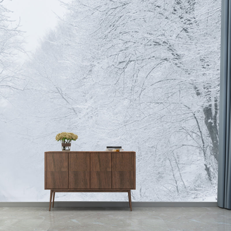 Misty Winter Roadside Forest Mural in White Modernism Wall Decoration for Bedroom