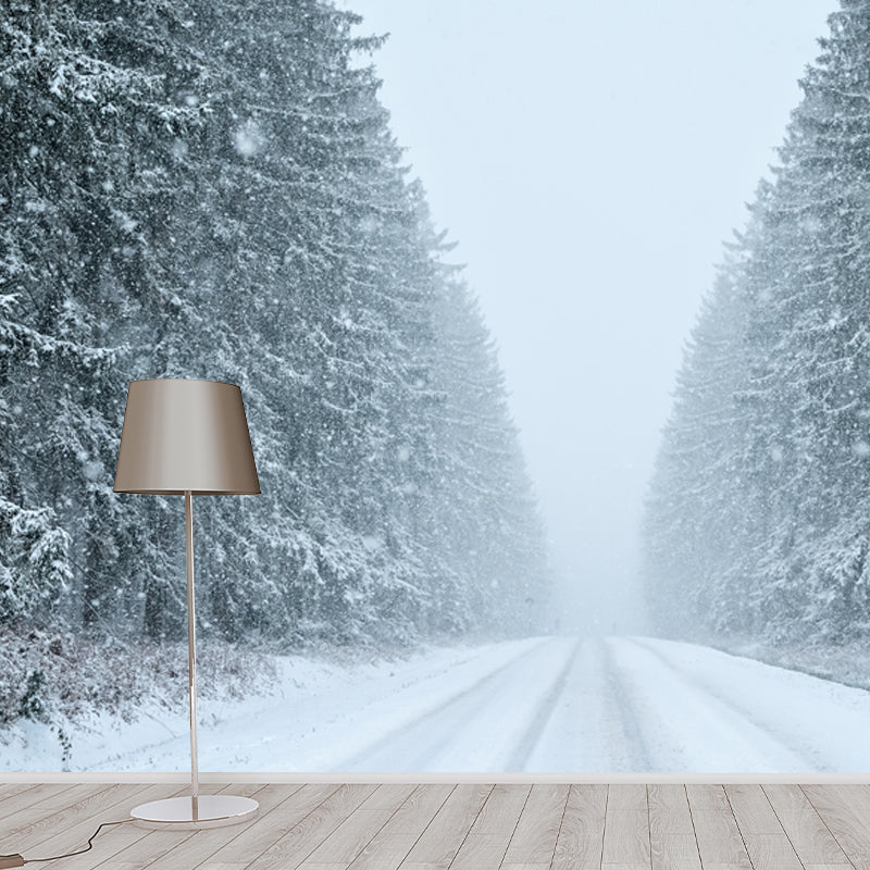 Snowy Road to Unknown Mural Contemporary Smooth Wall Art in White for Living Room