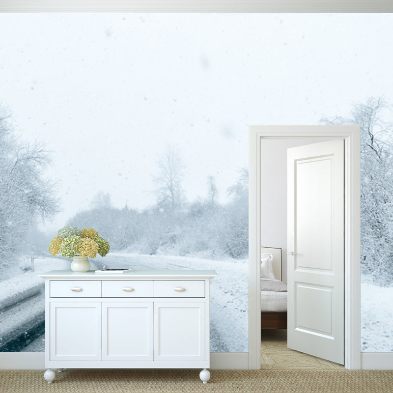 Large Road Curve Scene Mural for Bedroom Snow Forest Wall Decor in White, Washable