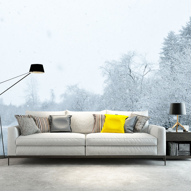 Large Road Curve Scene Mural for Bedroom Snow Forest Wall Decor in White, Washable