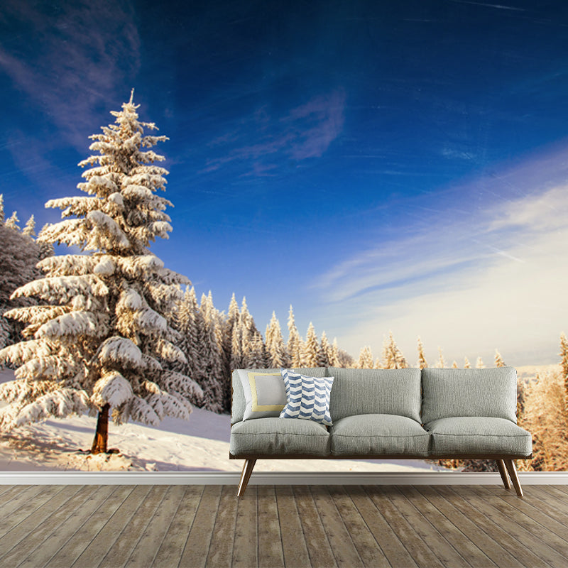 Huge Modern Mural Blue-White Snow Cypress Mountain with Clean Sky Wall Covering, Custom Made