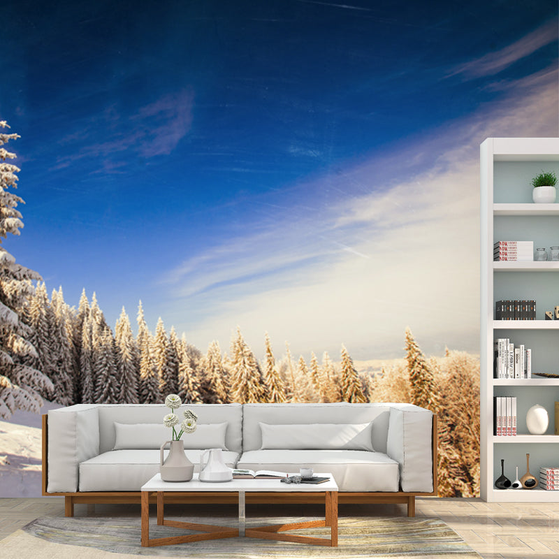 Huge Modern Mural Blue-White Snow Cypress Mountain with Clean Sky Wall Covering, Custom Made