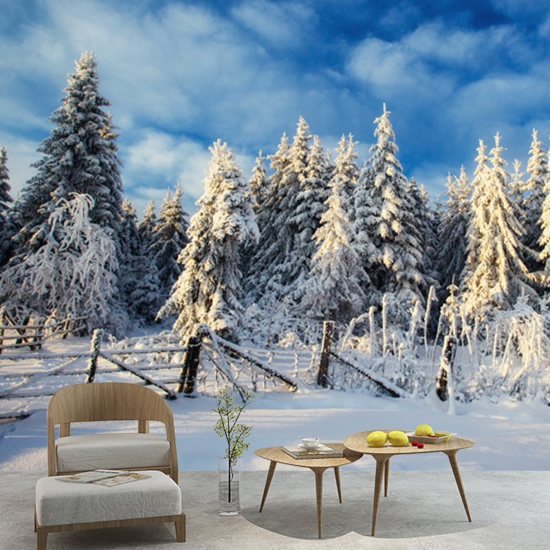 Modern Snow Cypress Mural Wallpaper Blue Cloudy Sky Wall Decoration for Corridor