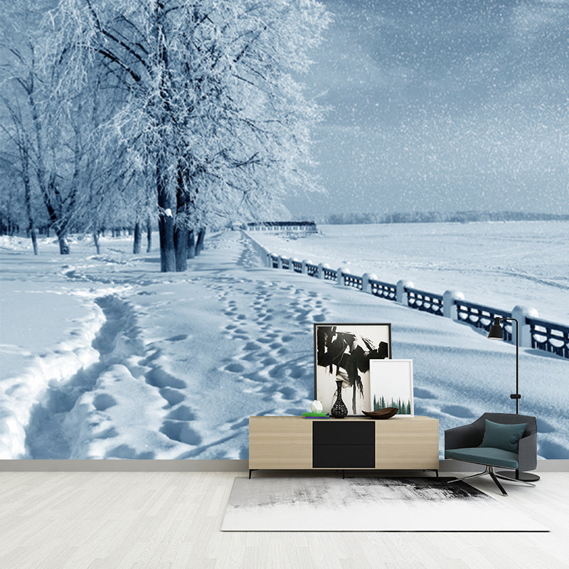 Washable Winter Frozen Lake Scene Mural Modern Non-Woven Cloth Wall Decor, Custom Made
