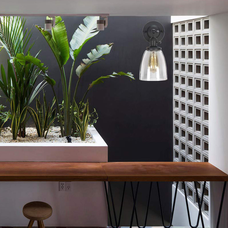 Cafetería de tono de cono iluminación de pared industrial vidrio transparente 1 lámpara de apliquet negra ligera en negro