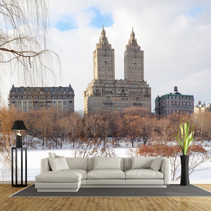 Urban Winter Park Scenery Mural Brown Moisture Resistant Wall Covering for Accent Wall