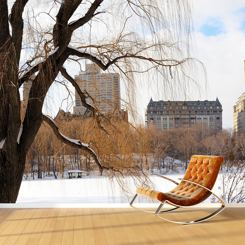 Urban Winter Park Scenery Mural Brown Moisture Resistant Wall Covering for Accent Wall