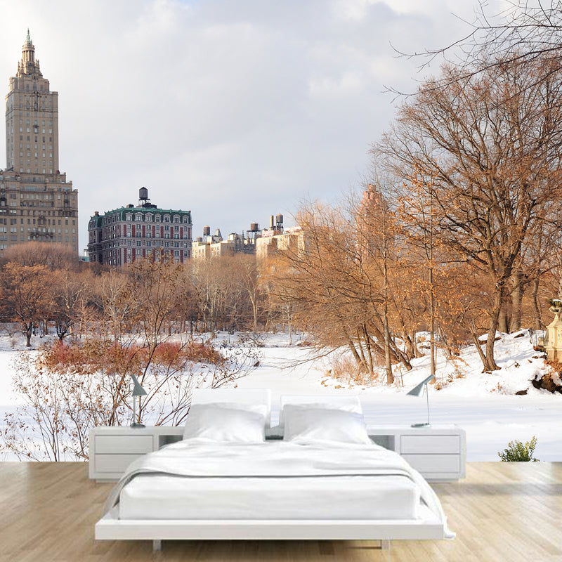Urban Winter Park Scenery Mural Brown Moisture Resistant Wall Covering for Accent Wall