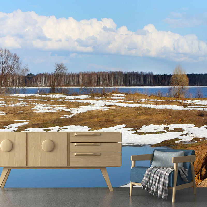 Modern Winter Landscape Mural Blue-Brown River with Melting Snow Scenery Wall Art