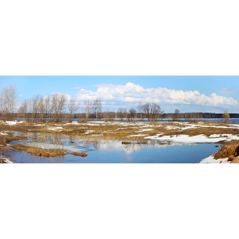 Modern Winter Landscape Mural Blue-Brown River with Melting Snow Scenery Wall Art