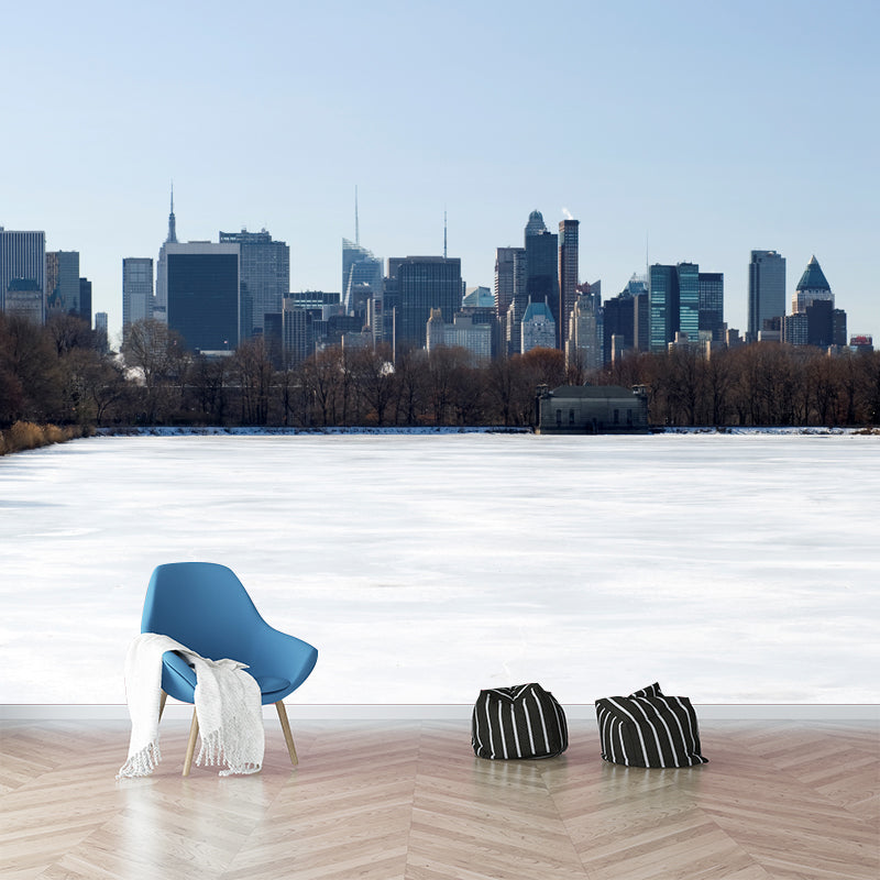 Photo Print Winter Metropolis Mural for Accent Wall, White, Customized Size Available