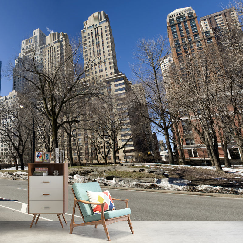 Contemporary Winter Street Scene Mural Brown Moisture Resistant Wall Art for Living Room