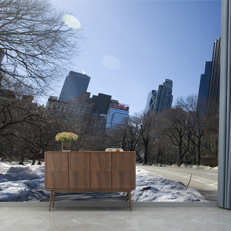 Contemporary Winter Street Scene Mural Brown Moisture Resistant Wall Art for Living Room