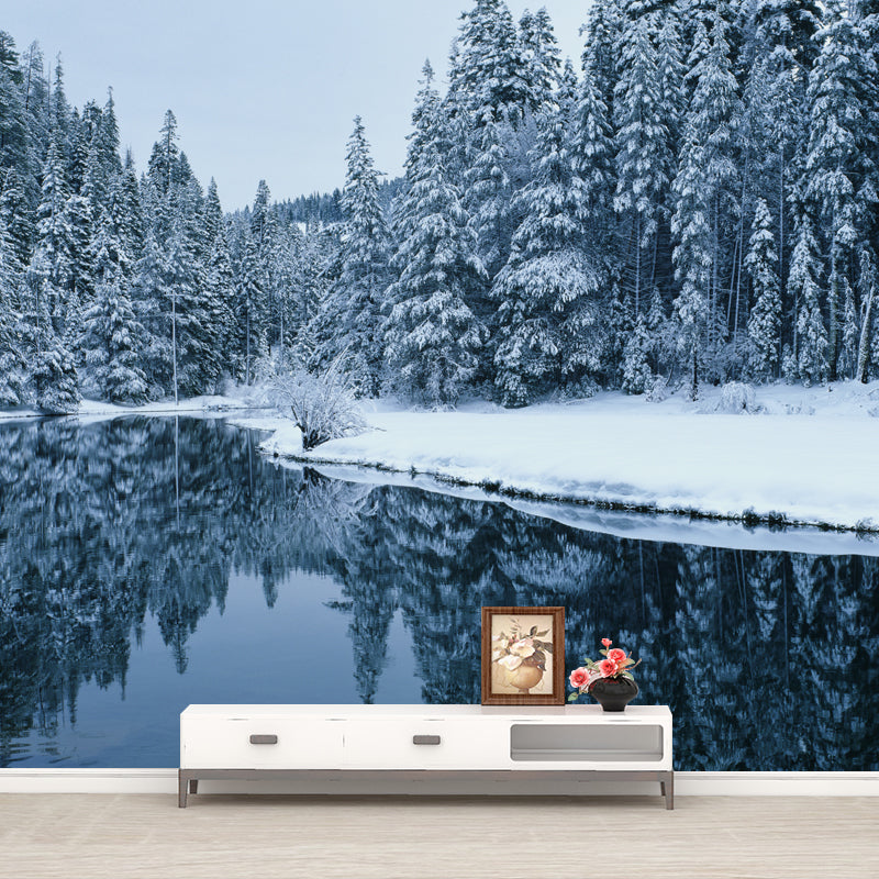Lake Across Snow Forest Mural Green Modernist Wall Covering for Accent Wall, Custom Printed