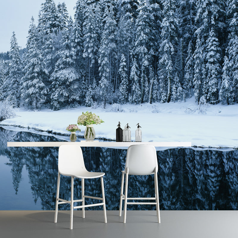 Lake Across Snow Forest Mural Green Modernist Wall Covering for Accent Wall, Custom Printed