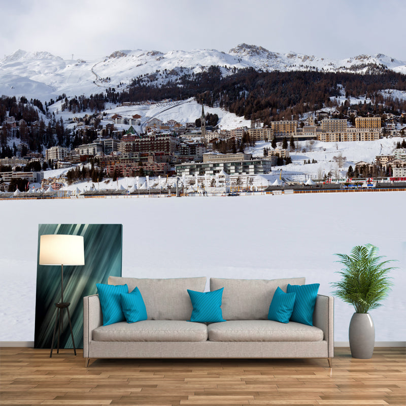 Non-Woven Large White Mural Modern Mountain Village Snow Landscape Wall Decor, Made to Measure