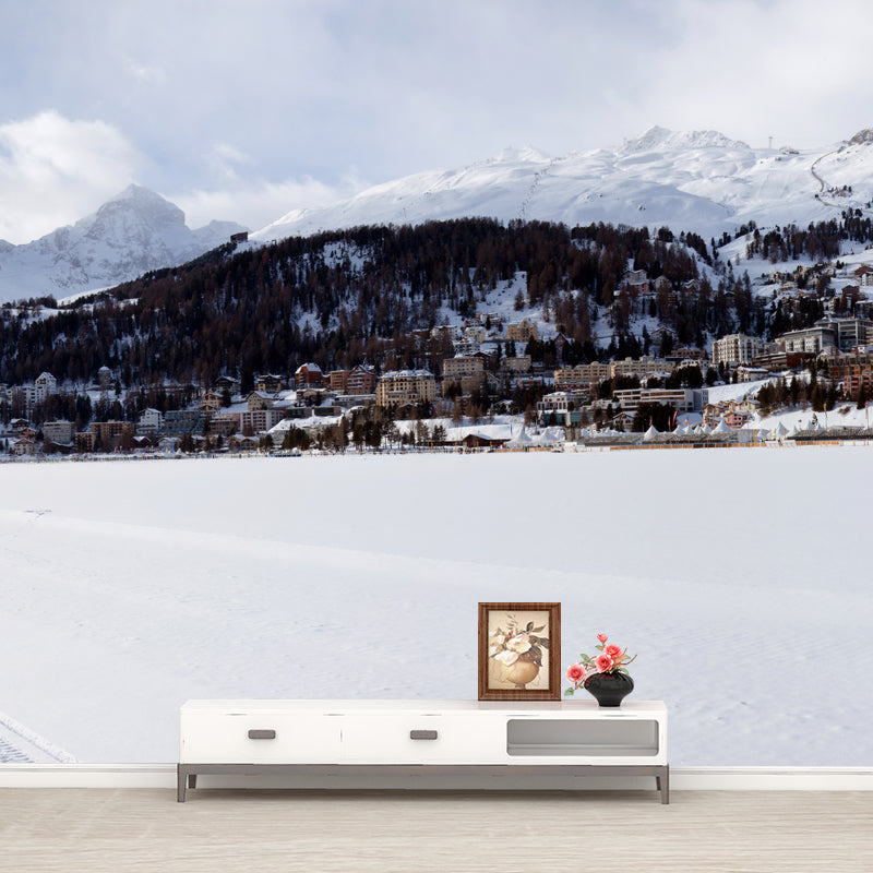 Non-Woven Large White Mural Modern Mountain Village Snow Landscape Wall Decor, Made to Measure