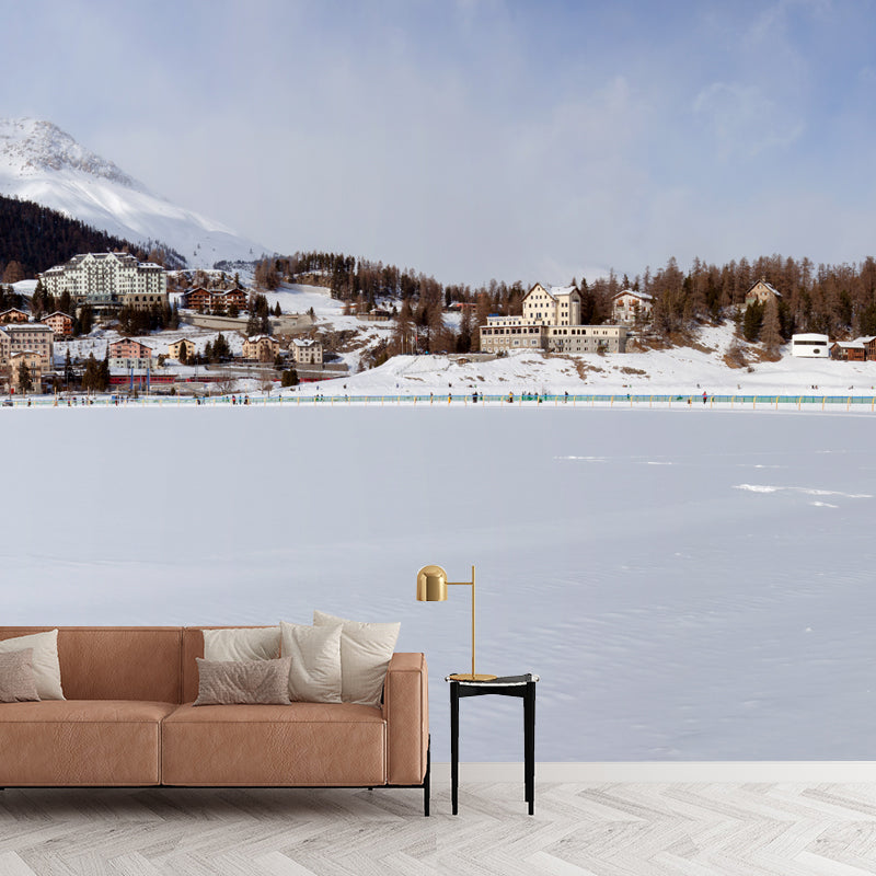 Non-Woven Large White Mural Modern Mountain Village Snow Landscape Wall Decor, Made to Measure