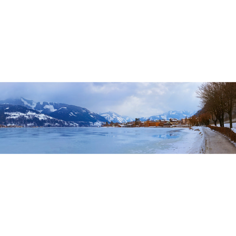 Village Frozen River Scenery Mural Blue Contemporary Wall Covering for Living Room