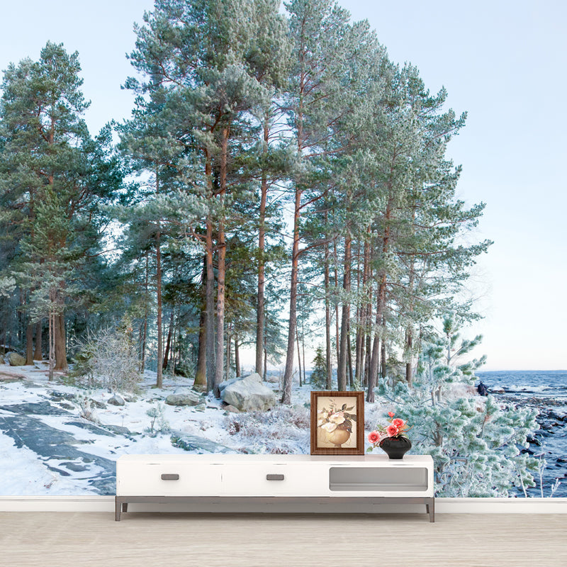 Whole Early Snow Wallpaper Mural Modern River and Forest Scene Wall Decor in Green