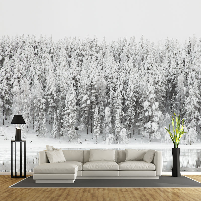 Modern Riverside Snowy Forest Mural Above Bed Personalized Size Wall Art in Grey