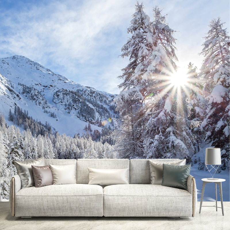 Blue Sky Snow Forest Mural Decal Stain-Resistant Modernist Living Room Wall Covering