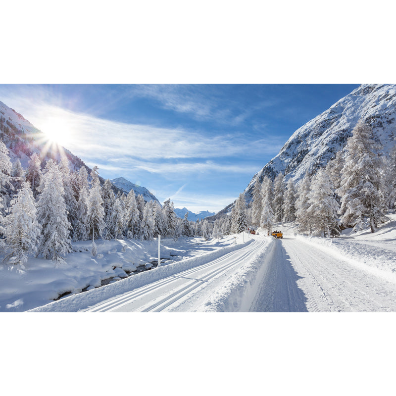 Big Winter Scenery Mural Modern Enchanting Snowy Road Across Mountain Wall Art in White