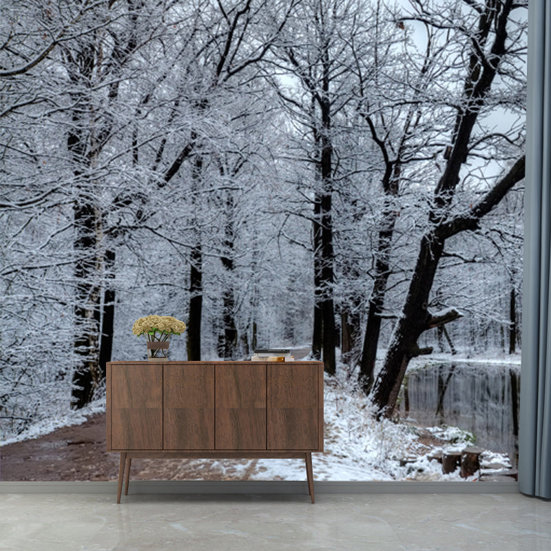 Lake Reflection Snowy Tree Mural Wallpaper Grey Modern Wall Covering for Bedroom