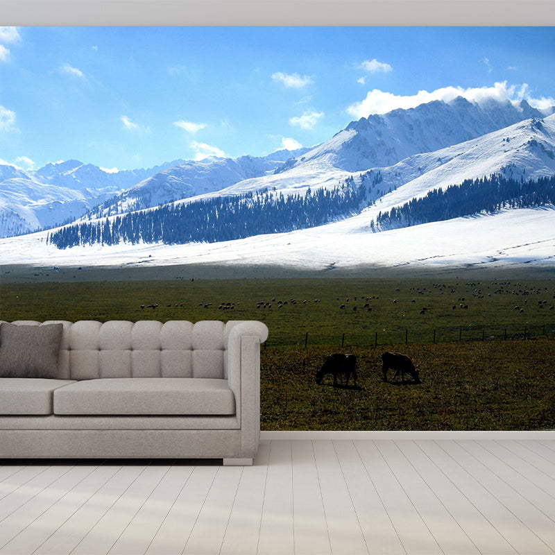 Full Size Modern Mural Blue Animal Farm by the Snow Mountain Wall Decor, Custom Printed
