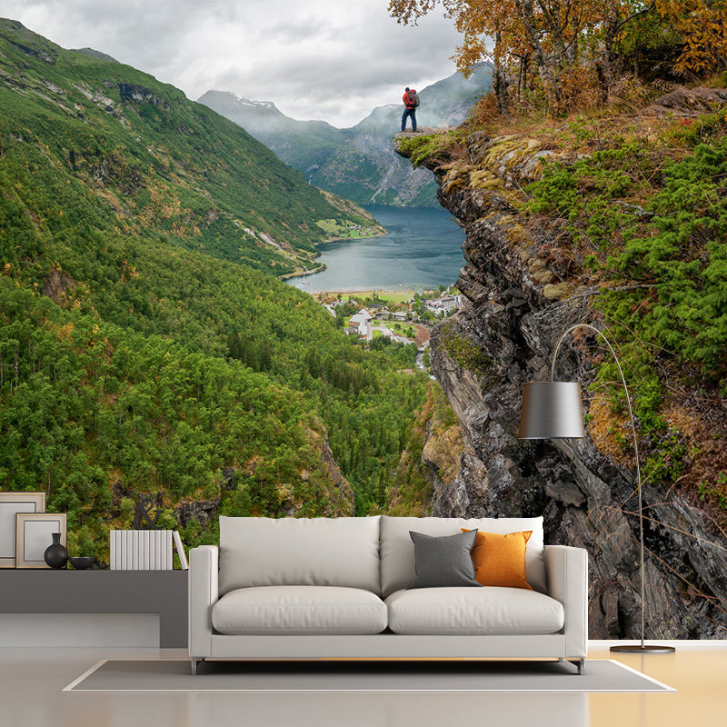Modern Man on Cliff Mural Green Mountain Landscape Wall Art for Bedroom, Custom Print
