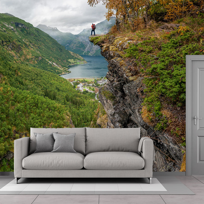 Modern Man on Cliff Mural Green Mountain Landscape Wall Art for Bedroom, Custom Print