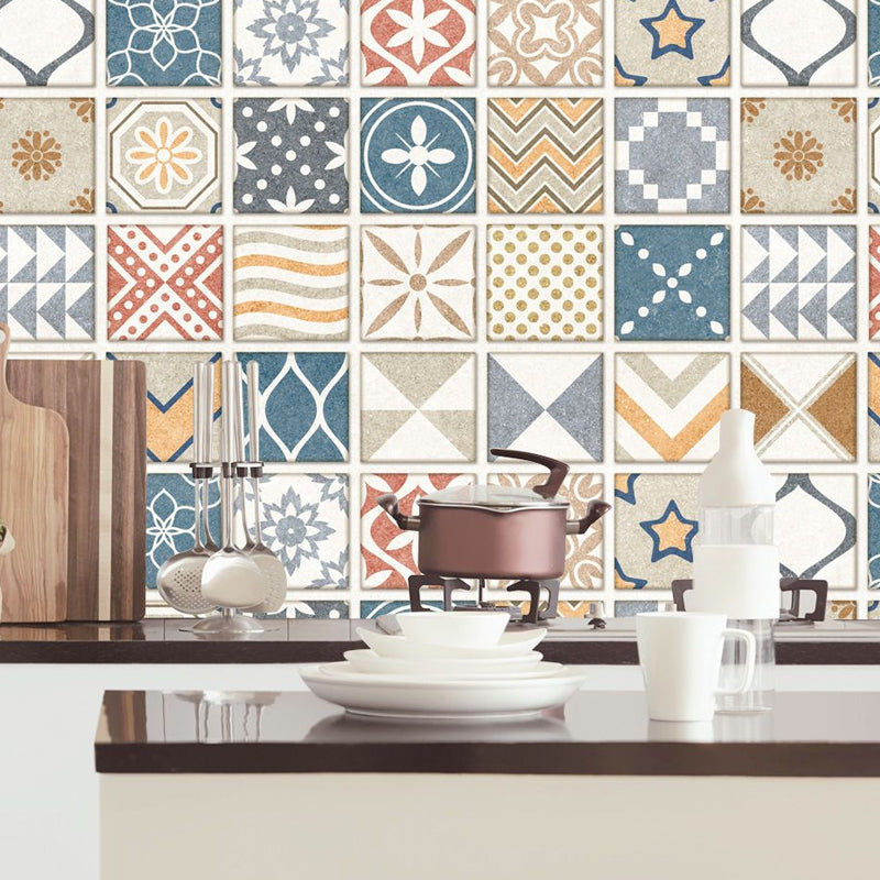 Yellow-Blue Bohemian Tiles Wallpapers Peel and Paste Modern Kitchen Wall Decor, 20 Pieces