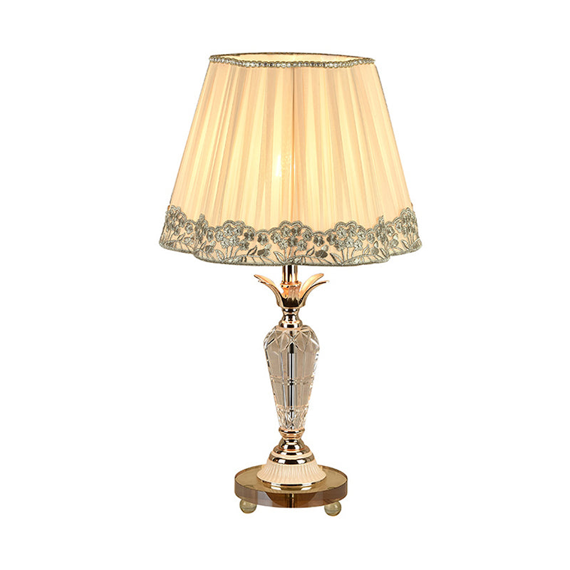 Urne Clear Crystal Nightast Light Classic Klassiker 1-Bulb-Nachttischbeleuchtung in Beige mit Faltenstoffschatten